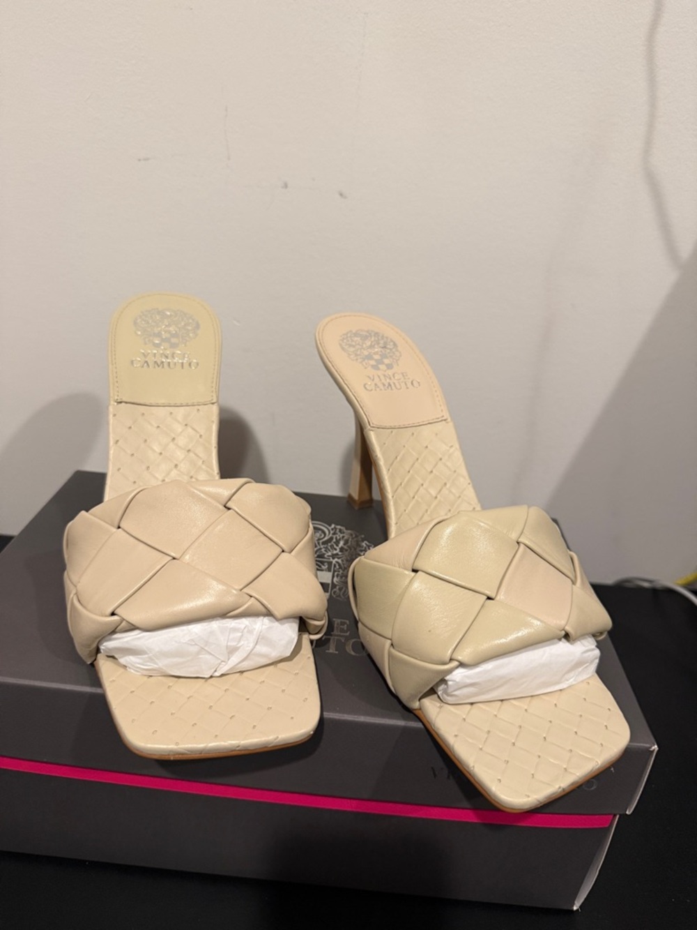 Vince Camuto Beige Braided Leather Slide Heels